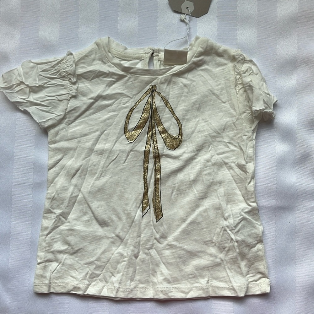 Zara Baby Girl, Cream Girls' Graphic Bow Tee with Gold Accent